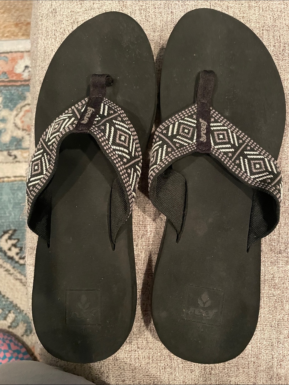 Reef Women’s Black Flip Flops with White Geometric Straps